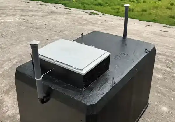 Black rectangular outdoor utility box with a metal access hatch and two vertical vent pipes on a concrete surface.