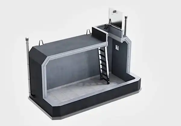 3D render of a small industrial room with a mezzanine, stairway to the upper level and a raised platform on the left side.