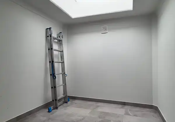 Empty utility room with white walls, a silver ladder leaning against the left wall, and a skylight above.",